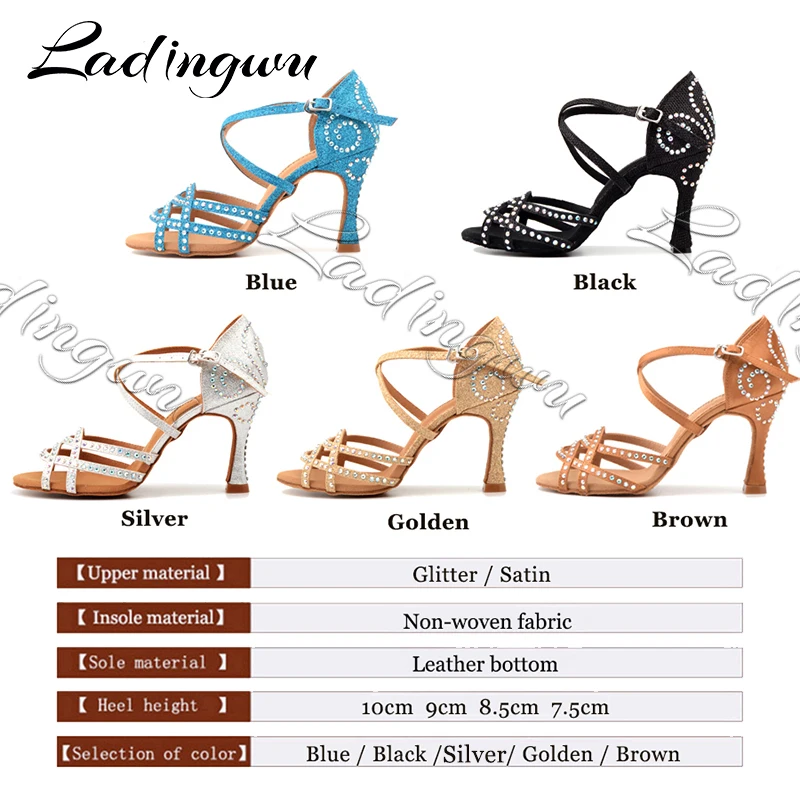 Ladingwu Dance Shoes Latin Women Rhinestone Salsa Shoes Dance Ballroom Party Profession Dance Shoes Heel 9cm Glitter Satin