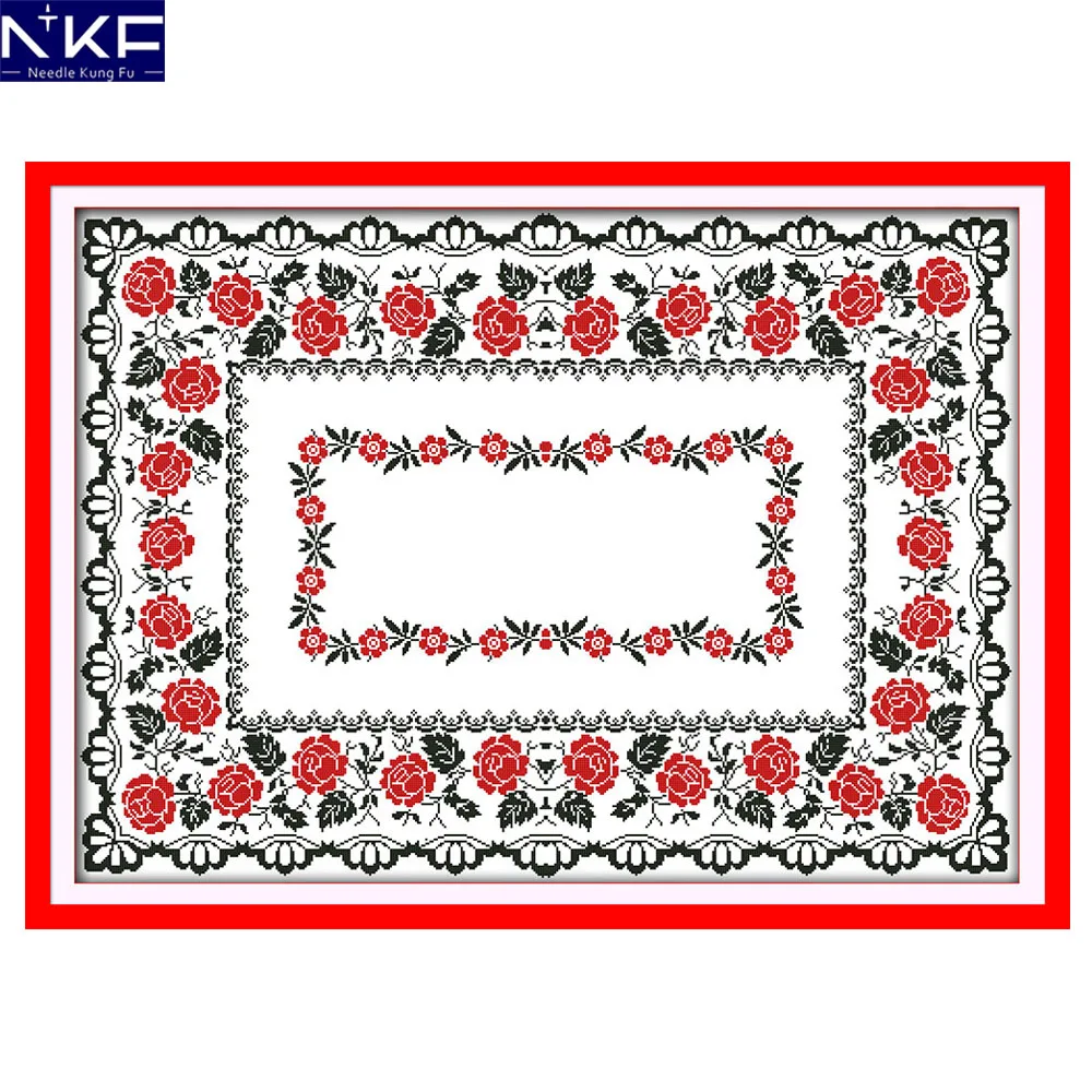 NKF Rose Tablecloth Counted Cross Stitch Print Cross Stitch DIY Cross Stitch Kit Embroidery Needlework for Christmas Decoration