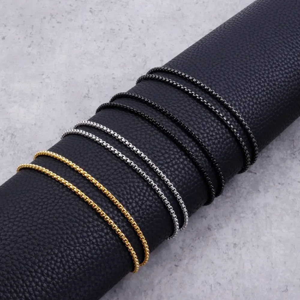 3mm Titanium Link Square Pearl Chains Black/Gold Color Vintage Stainless Steel Long Choker Necklace For Men Fashion Jewelry