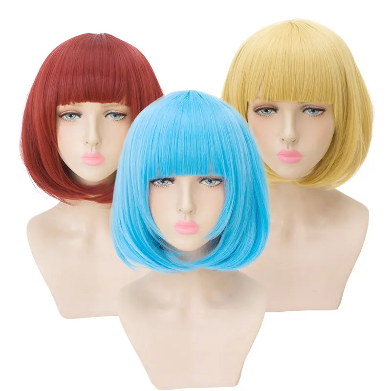 HSIU 35cm short bobo Wig Black white purple blue red yellow high temperature fiber Synthetic Wigs Costume Party Cosplay Wig