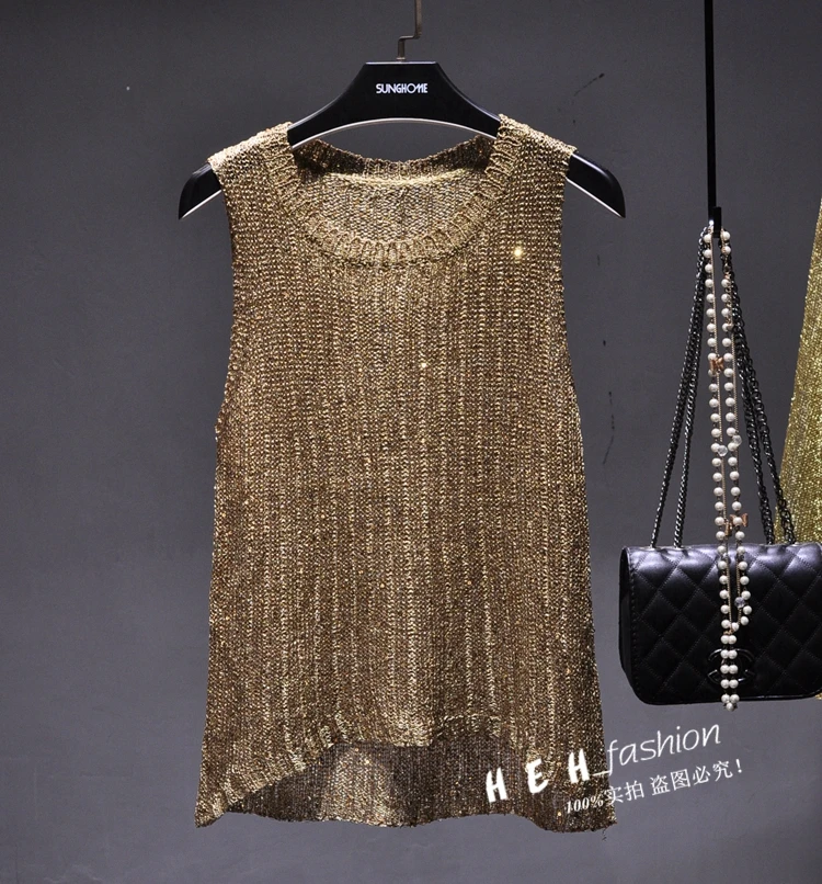 

Cakucool New Gold Lurex Knitted Tanks Camis Women Sexy Hollow out Slim Bling Sequins Shiny Lurex Basic Top Camisole Summer Tops