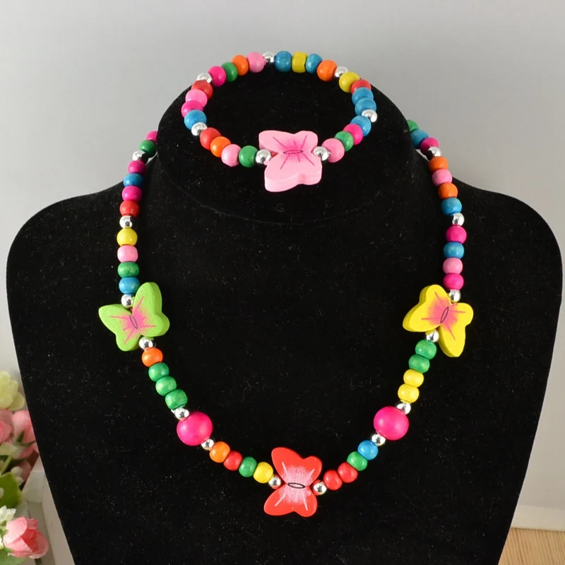 TopHanqi-Ensemble de bijoux pour filles, collier et bracelet en perles de bois, animal mignon, papillon, cadeau de fête d'anniversaire pour enfants