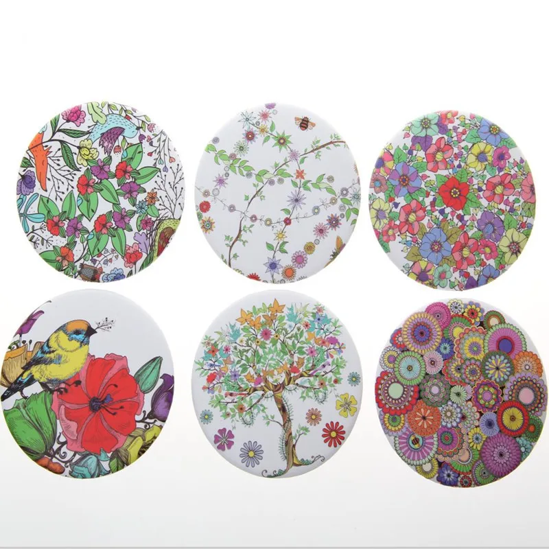 

6 Exquisite 75mm Exquisite plastic foldable pocket mirror round shape Portable makeup mirror flowers design Cosmetic mirrors