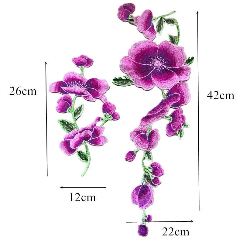 2PCS Embroidered Violet Flowers Trims Fabric Peony Wedding Appliques Ribbon Edge DIY Trimmings Patch For Bridal Dress Jeans