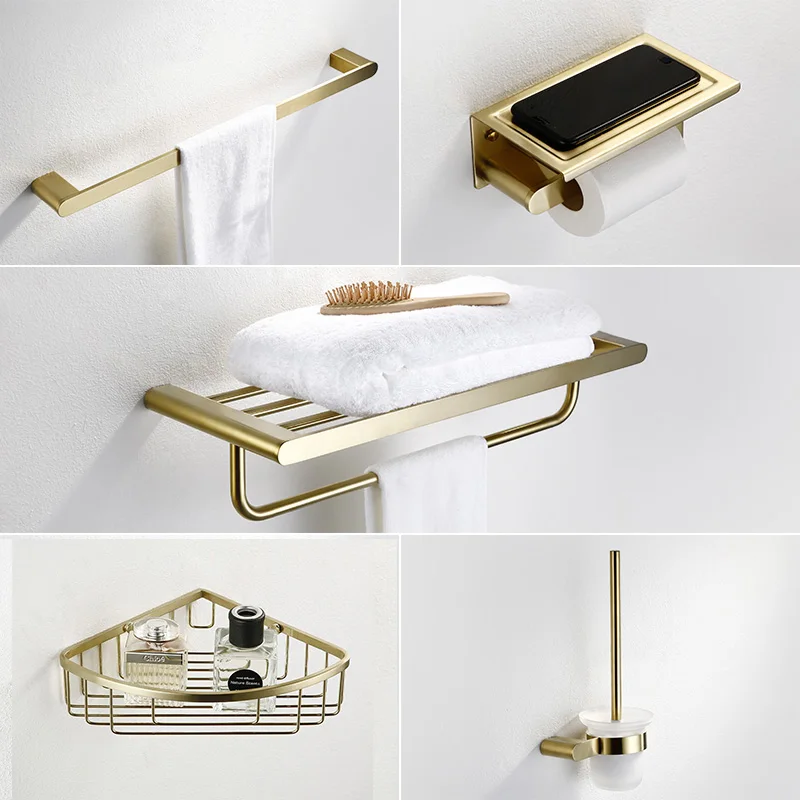 Bathroom Accessories Set Brushed Gold Bath Hardware Set Copper Material Towel Rack,Paper holder Toilet Brush Holder,hooks