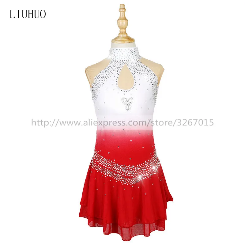 LIUHUO Figure Skating Dress Women's Girl Teens Ice Ballet Performance Sleeveless White Red Standing Collar Costume Roller Dance