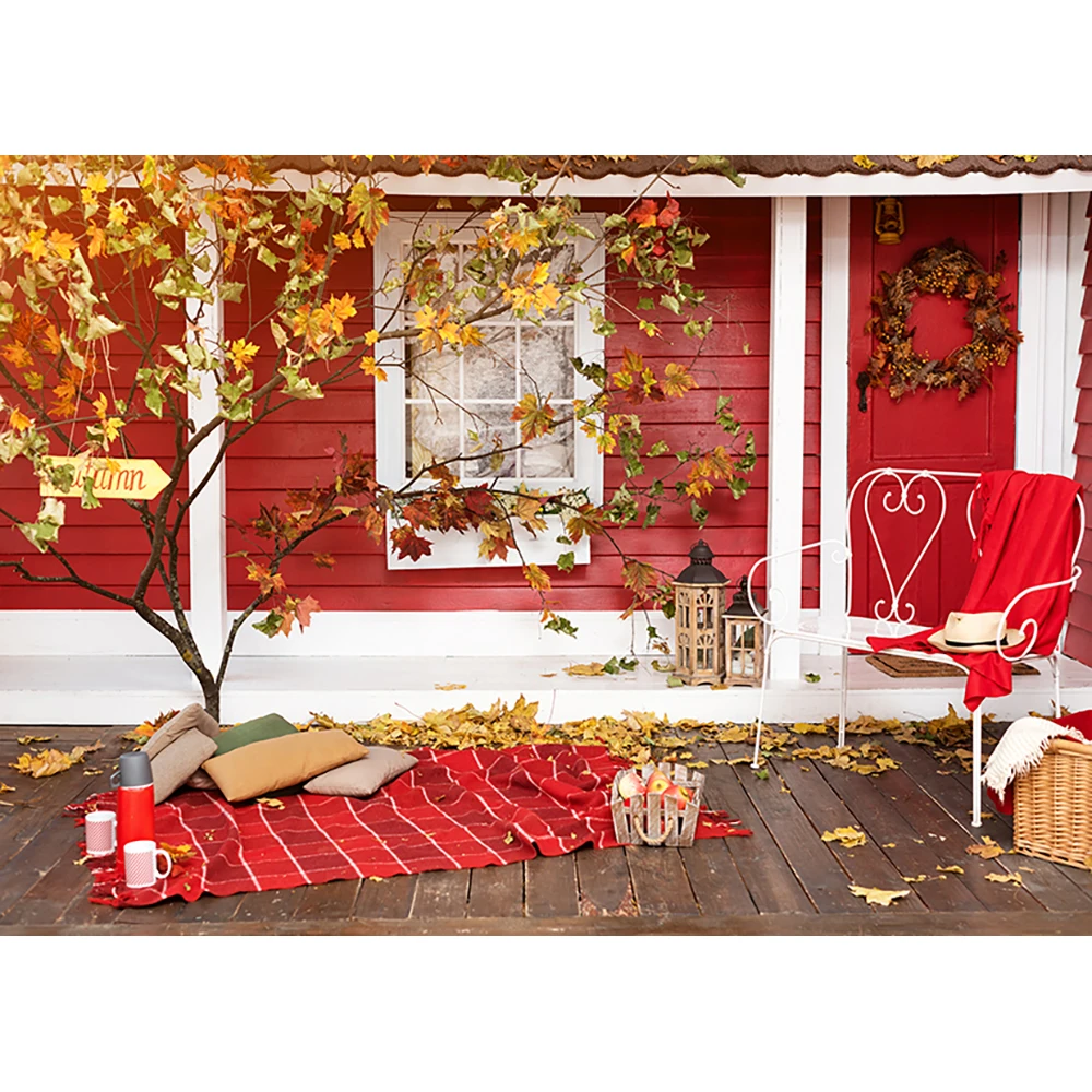 Allenjoy backgrounds for photography studio autumn picnic terrace red plaid basket thermos veranda backdrop garden photocall