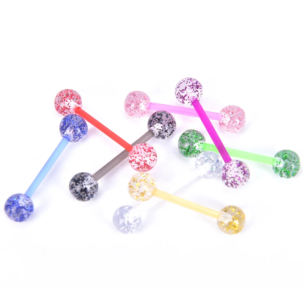 8PCS/Set Colorful Glitters Tongue Rings Acrylic Soft Rod Barbell Ball Tongue Stud Piercing Jewelry