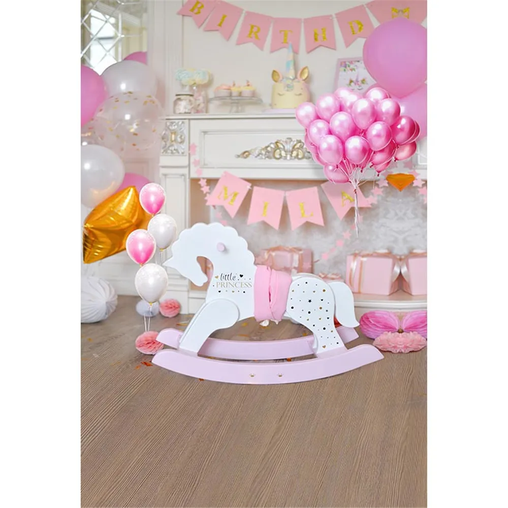 

Baby Girl's Birthday Photo Background Printed Pink Balloons Wooden Horse Little Princess Unicorn Party Photography Backdrop