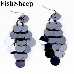 FishSheep Vintage Black Color Long Dangle Earrings For Women Round Sequin Multilayer Drop Earrings Fashion Female Accessories