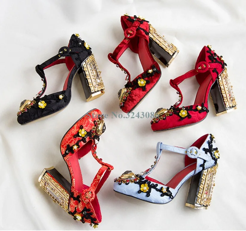 

Round Toe Jewelry Flower Mary Janes Shoes Hollow Out Flower Crystal Heel Pumps Red Black Blue Satin Thick Heel Banquet Shoes