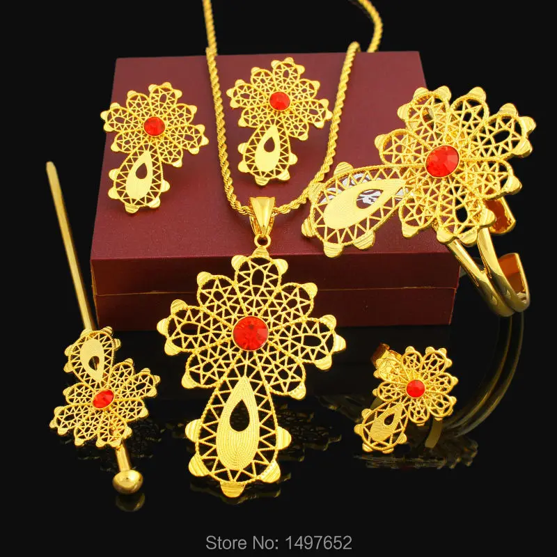 Latest Ethiopian Cross Set Jewelry Necklace/Pendant/Bangle/Earring/Ring/Hairpin 24k Gold Color African Bridal Wedding Set image 3