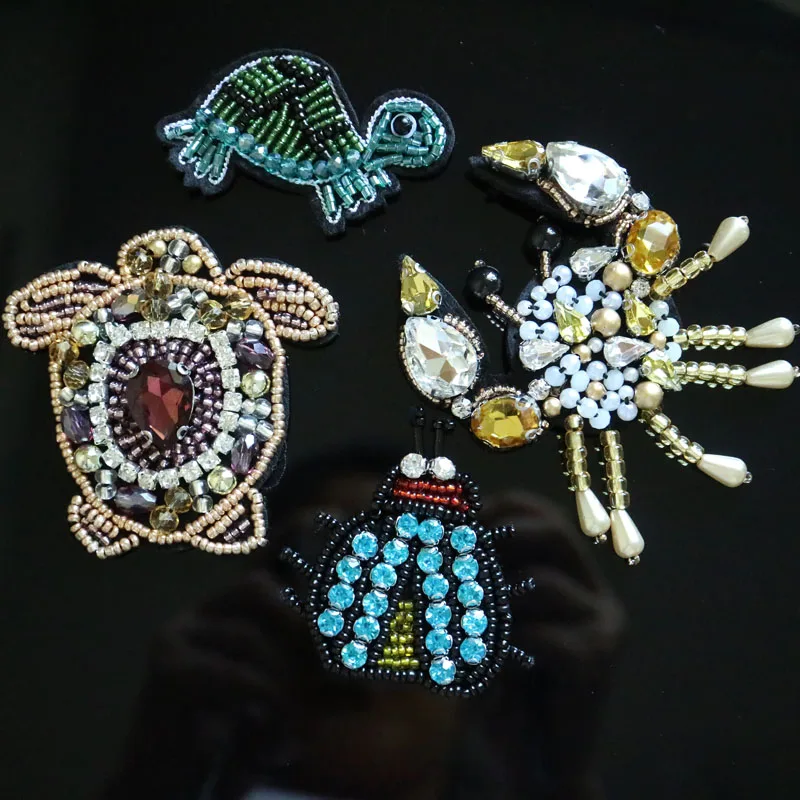 1pc handmade sequin turtle patches for clothing DIY rhinestone beaded Sew on patch embroidered patch crab ropa