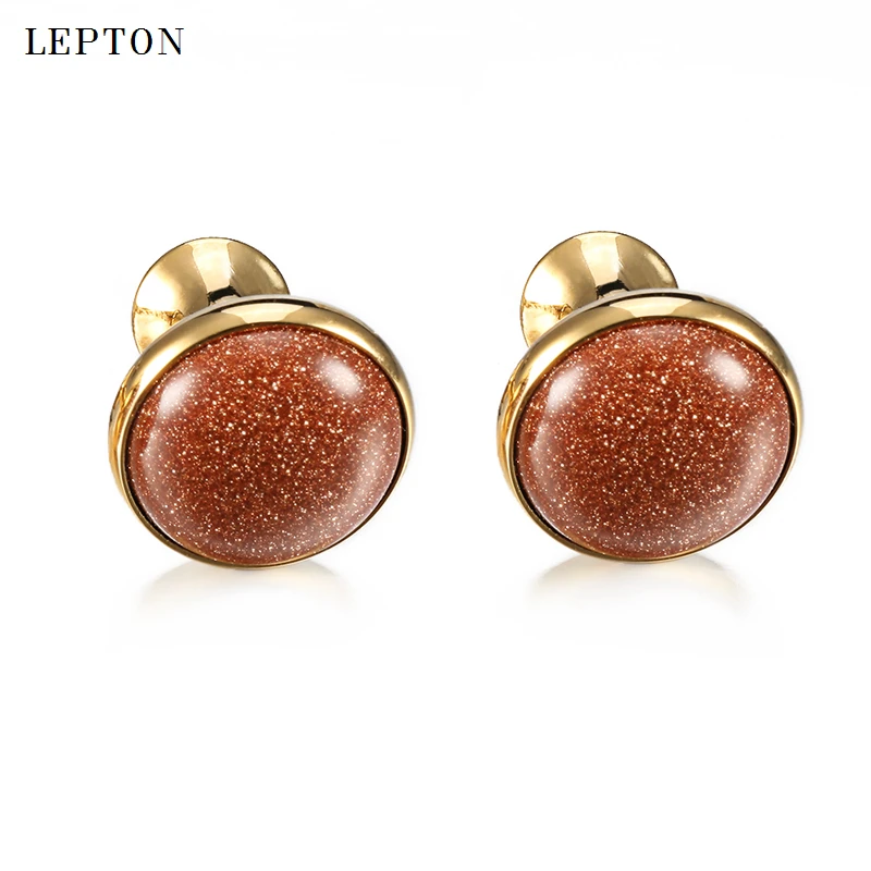 

Lepton Luxury goldstone Cufflinks for Men Shirt Cuff Cuff links Gold Color Plated High Quality Round Gold Stone Cufflinks