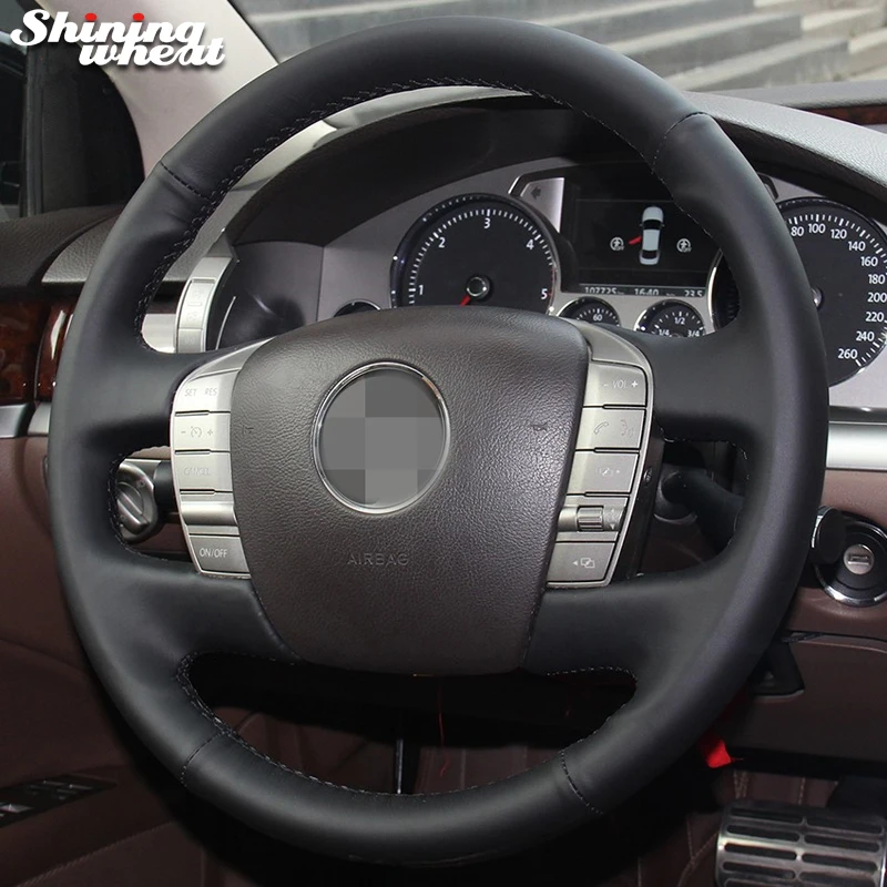 

Shining wheat Black Genuine Leather Hand-stitched Car Steering Wheel Cover for Volkswagen VW Phaeton