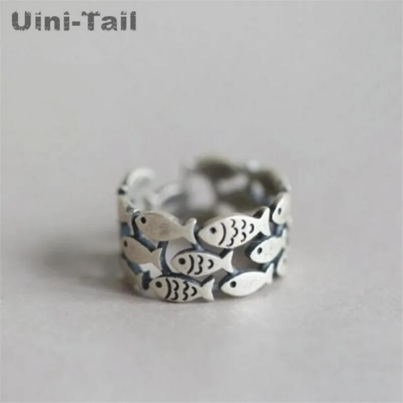 Uini-Tail hot new 925 Tibetan silver retro group of small fish open ring female models Thai silver wide-faced ring  JZ142