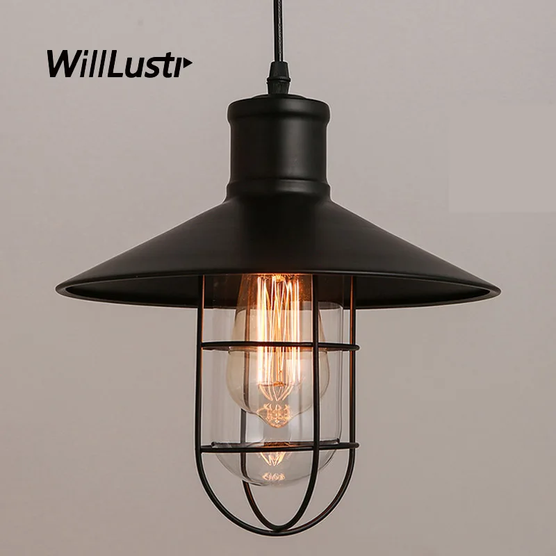 Retro Industrial Pendant Lamp Vintage Cage Filament Suspension Light Loft Cafe Attic Bar Restaurant Iron Glass Hanging Lighting