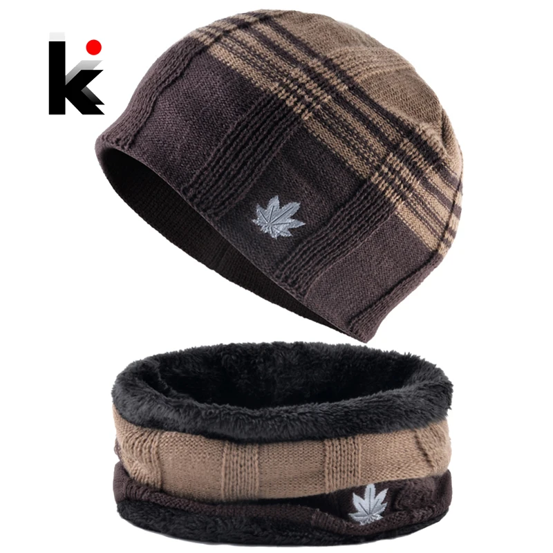 Winter Warm Hat Scarf Set For Men Fashion Maple Leaf Knitted Wool Skullies Beanies Knit Striped Patchwork Color Cap Male Ski Hat