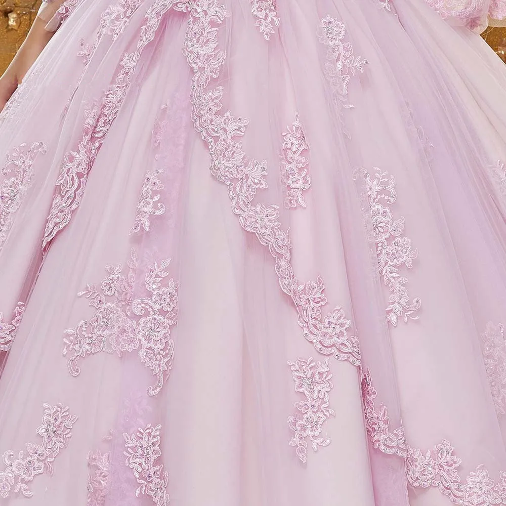 JaneVini 2019 Elegante Ballkleid Rosa Quinceanera Kleider Puffy Lange Hülse Appliques Perlen Prinzessin Prom Kleider Vestidos 15 Anos