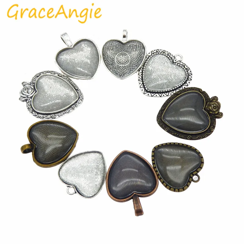 GraceAngie 9set/pack Assorted Heart Setting Tray Bezels for photo pendant jewelry with Glass Cover Cabochon Accessories DIY