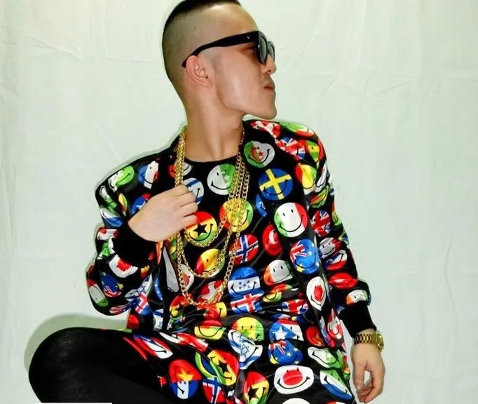 New Cool Mlae smile logo print baseball clothing sets Nightclub Singer stage performance jacket