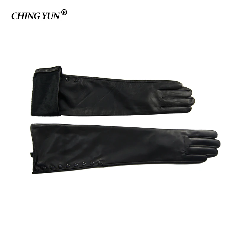 Winter Warm Long Sleeved Gloves Women\'s Arm Sleeves Genuine Leather Sheepskin Cashmere Lady Mittens Many Riveted Buttons Gloves