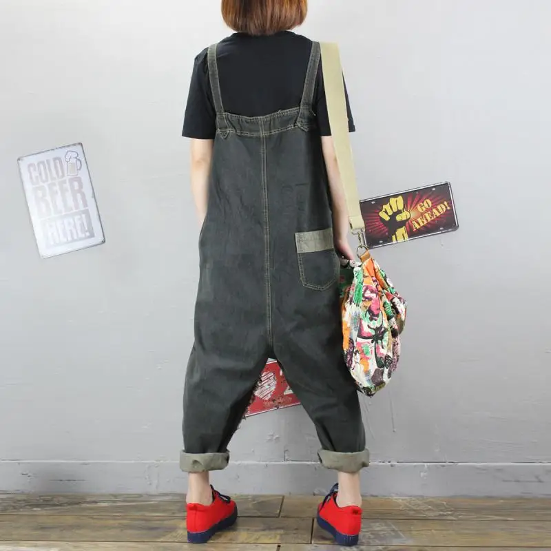 Free Shipping 2019 New Fashion Overalls Sleeveless Denim Loose Jumpsuits And Rompers With Pockets Appliques Women Trousers