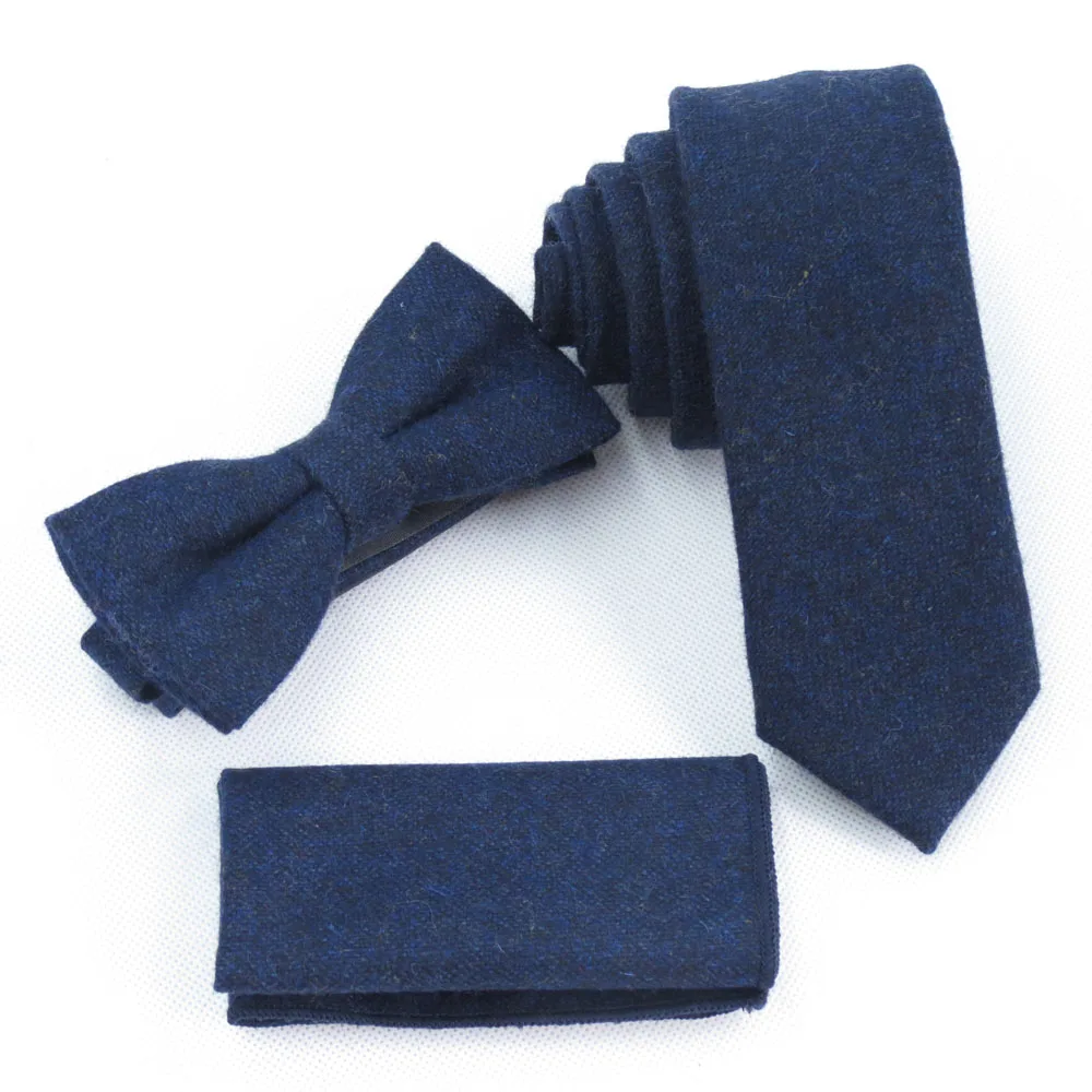 Dark Blue Wool Tie Set male collocation small square High end Wedding Banquet Workplace bowtie Men's Formal Accessories