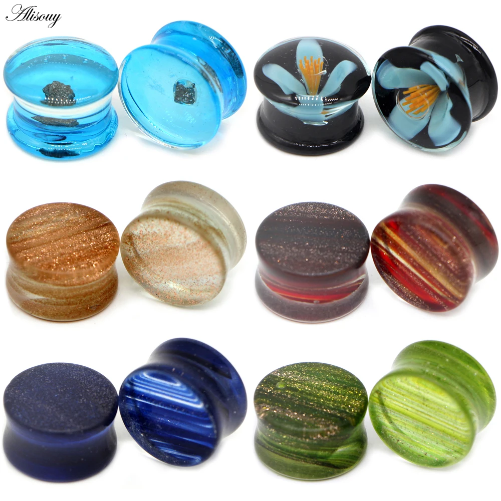 Alisouy New 2pcs Glass Flower Women Men Ear Plug Gauges Earring Piercing Expander Flesh Tunnel Stretcher Body Jewelry 6-20mm
