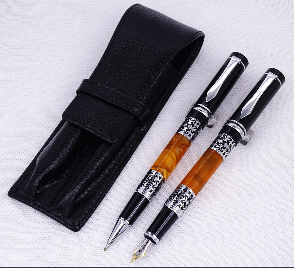 Yiren 675 Celluloid Silver Flower Pattern Fountain Pen & Roller Pen with Real Leather Black Pencil Case Washed Cowhide Pen Case