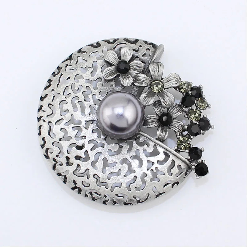 Retro Style Popular Fashion Men Women Handmade Gray Simulated Pearl Black Matte Plated Rhinestone Brooch Pin, Item NO.: BH8122