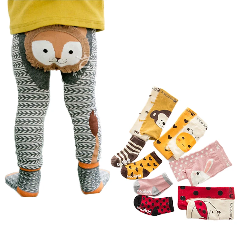 Baby Boy Girl Cartoon PP Pants With Sox Infant Toddler Animal Cotton Elastic Panti Hose Skinny Pants Kids Tights Spring