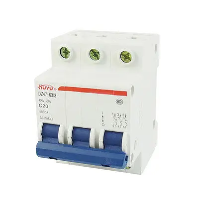 

DZ47-63 C20 3P 35mm DIN Rail MCB Miniature Circuit Breaker 6000A 20A 400V AC