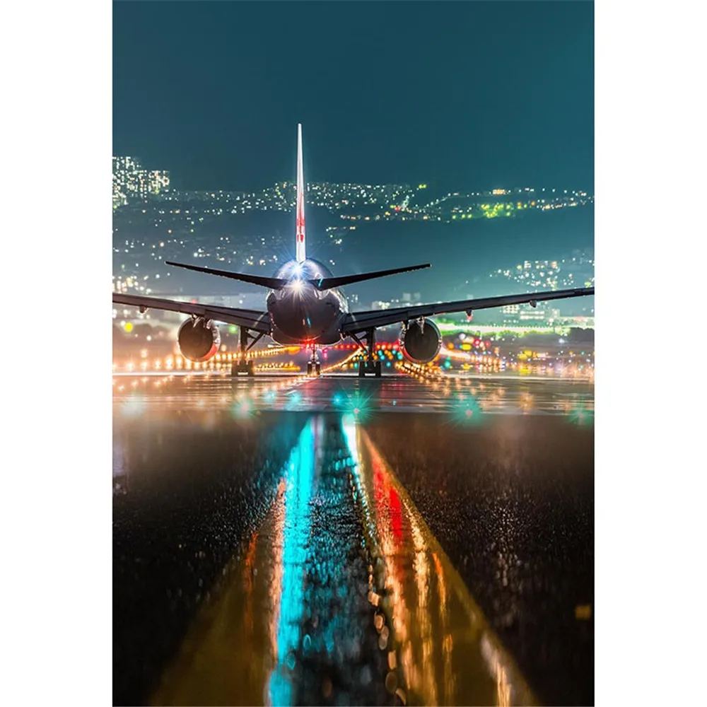 

Airport Night Scene Big Airplane Photography Backdrops Sparkling Pilot Light Bokeh Kids Children Wedding Photo Shoot Backgrounds