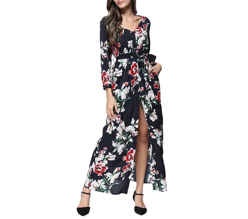 Summer Print Chiffon Bohemian Dresses Women Beach V-Neck Wrist Sleeve Sashes Pocket Slit Long Party Dress Boho Vestidos 2019