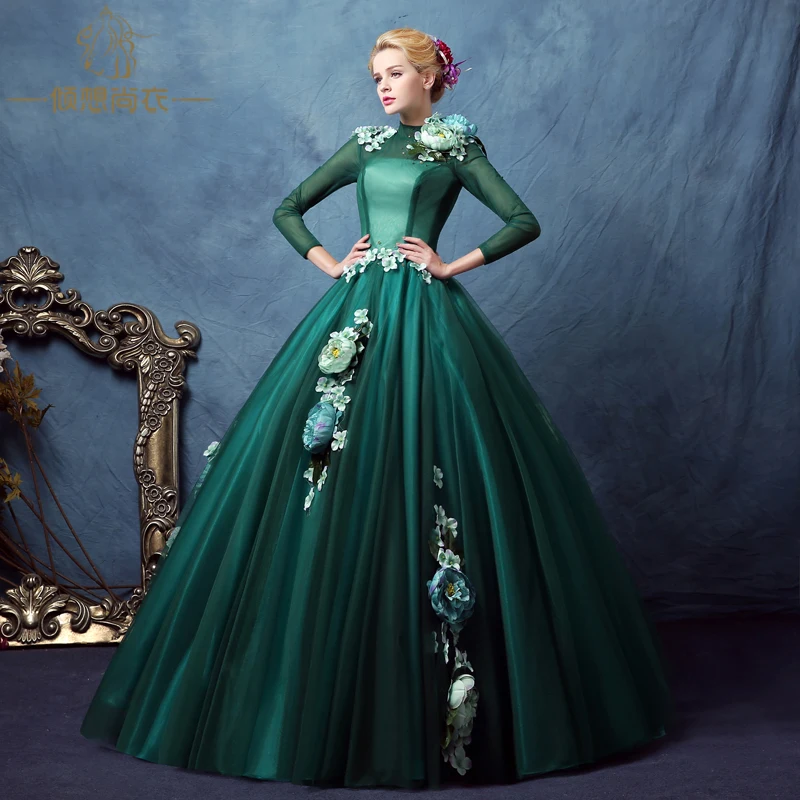 long sleeve dark green collar shoulder flower beading stage gown Victorian dress/party/stage performance/medieval dress/belle