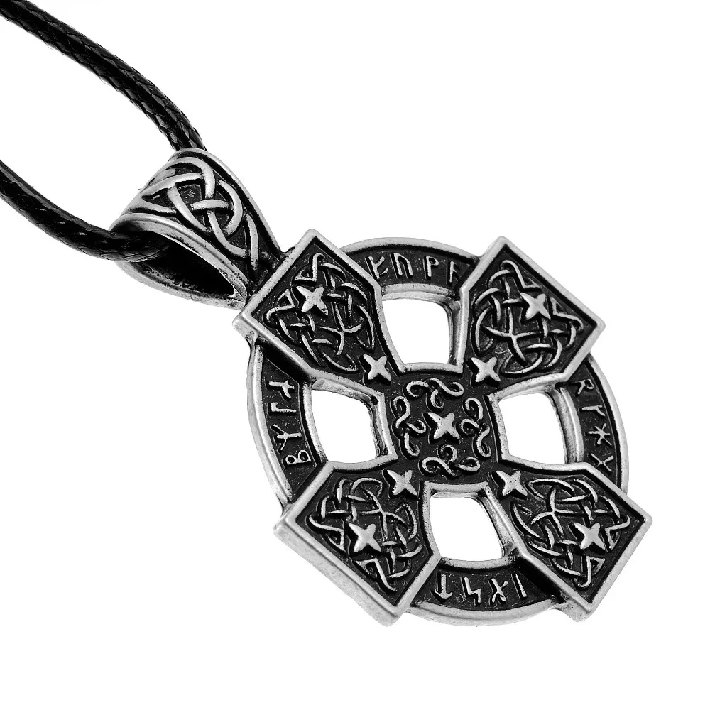 LANGHONG 1pcs Elder Futhark Sunwheel Solar Cross Pendant Necklace Norse Viking Rune Pewter Necklace