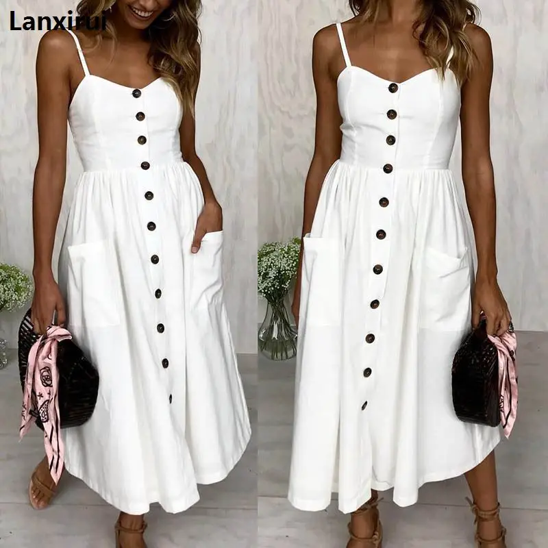 

New Fashion Summer Off Shoulder Dress Women Pure Color Single Button Decoration Off Shoulder Summer Dress D004