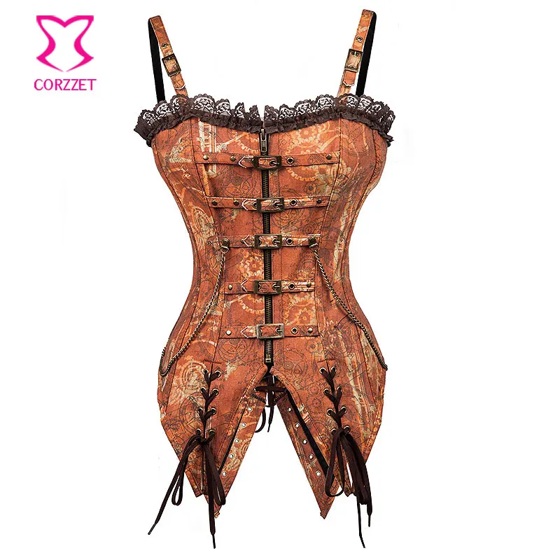 

Brown Swallowtail Bustier Sexy Steampunk Corset With Straps Gothic Clothing Steel Boned Corsets and Bustiers Burlesque Outfits