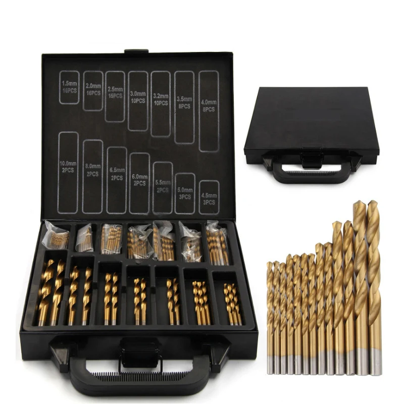 

HAANZHALL Iron Box packing 99PCS HSS Twist Drill Bits Set 1.5-10mm Titanium Coated Surface 118 Degree For Drilling woodworking