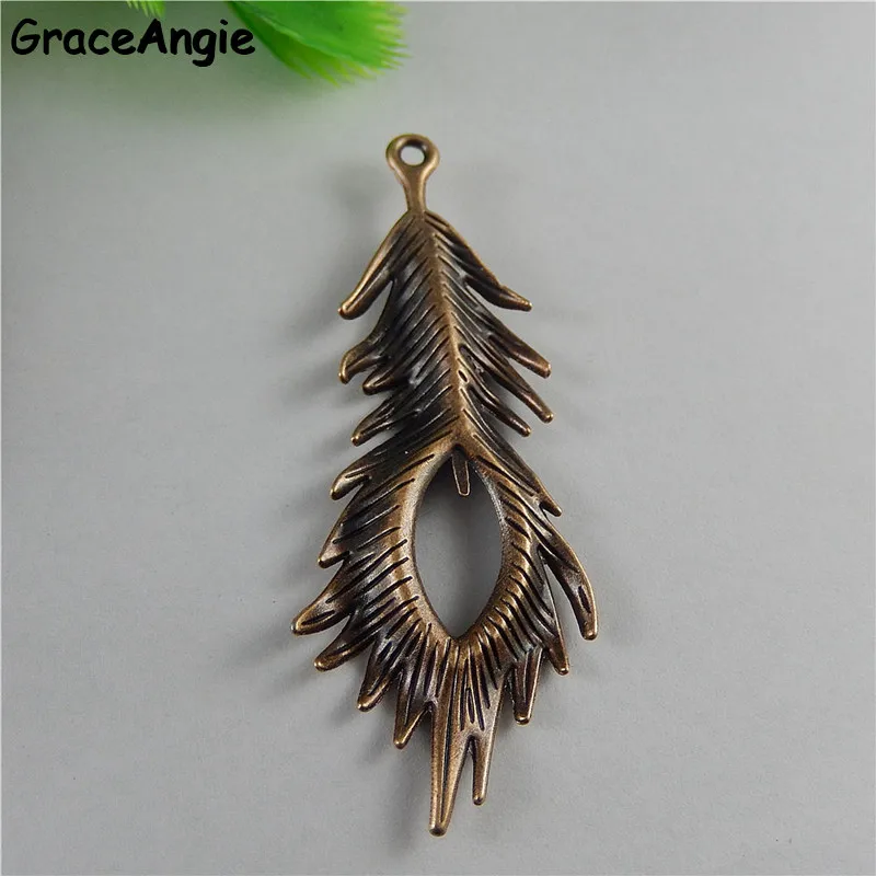 5PCS Retro Red Copper Peacock Feather Bracelet Charms Bohemia Jewelry Necklace Pendants 71*27mm Handmade Craft Jewelry Findings