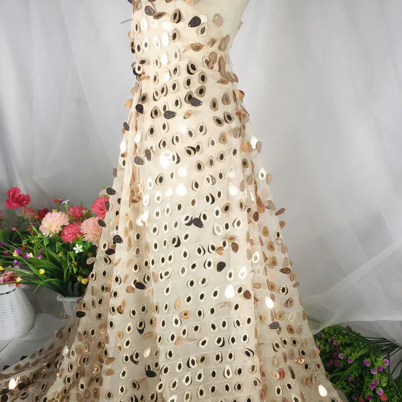 GLace 1Y/Lot African Lace Fabric Gold Drop Laminated Mesh Embroidered Lace Fabric for Dress Sequin Fabric TX852