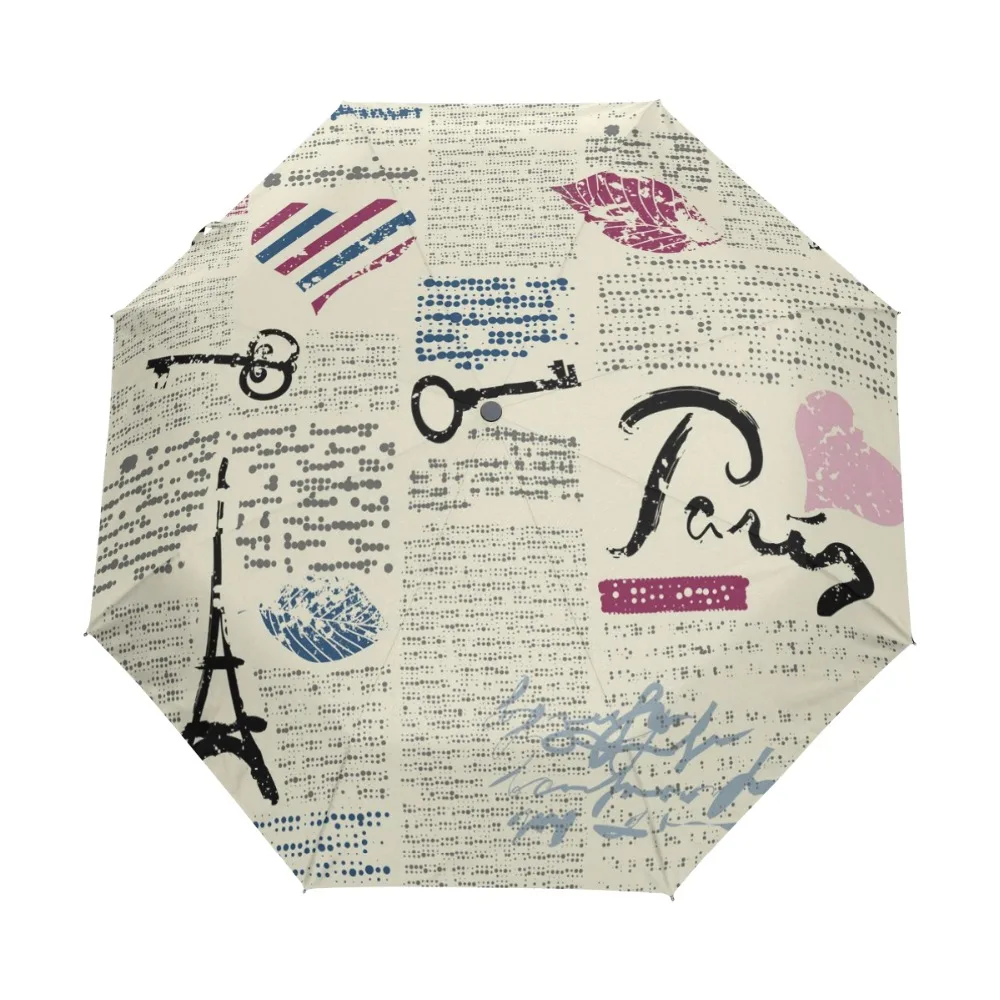 High Quality Fully Automatic Women Umbrella Fashion Newspaper Eiffel Tower Pattern Umbrellas Folding Rain Umbrella