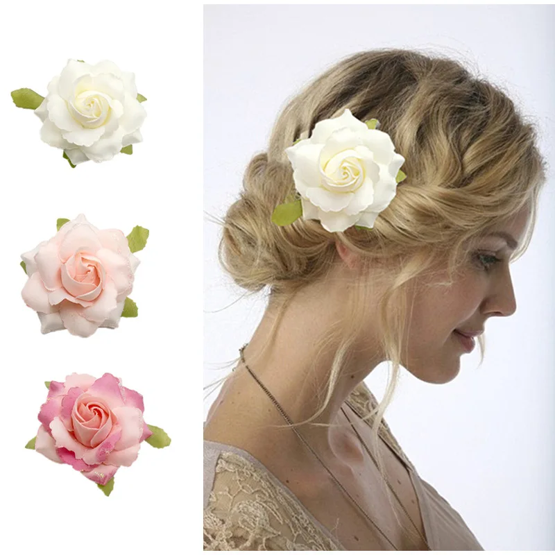 Boho Flower Hair Accessories For Women Bride Beach Rose Floral Hair Clips DIY Bride Headdress Brooch Wedding Flores Hairpin