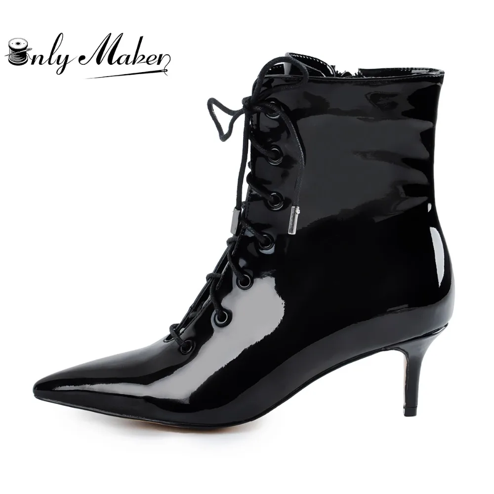 Onlymaker Women Kitten Low Heels Patent Leather Ankle Boots Pointed Toe Lace Up for Comfortable Walking Big Size Booties