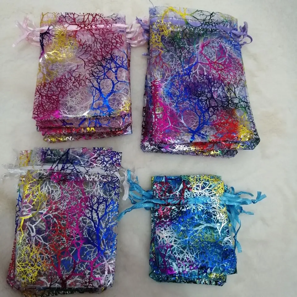 20pcs Organza Bags 7x9 9x12 10x15 13x18 cm Colorful Tree Of Life Jewelry Packaging Drawstring Pouches Wedding Party Candy Bags