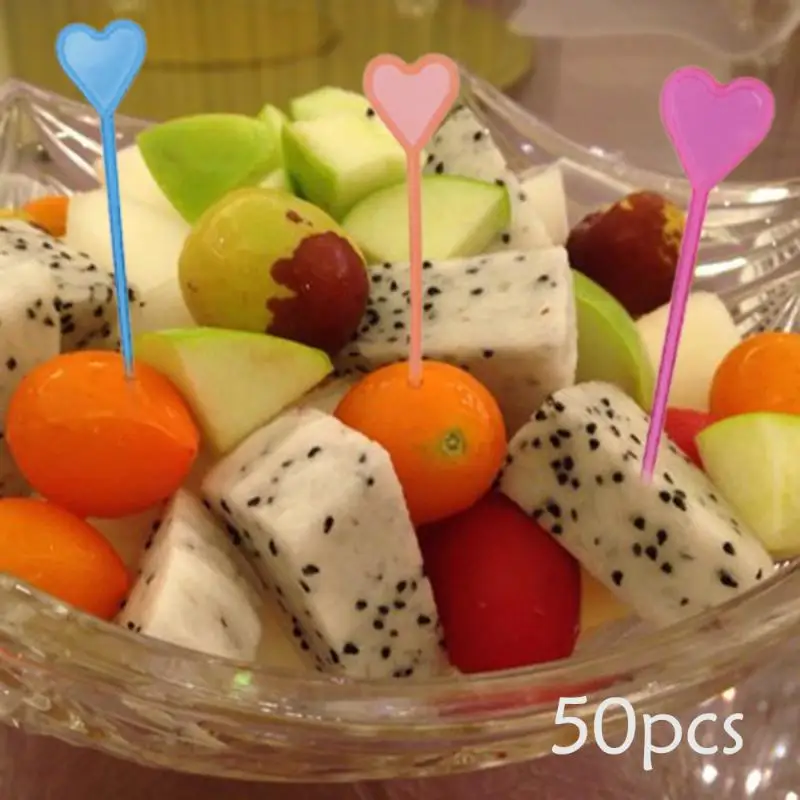 50pcs Heart Shaped Plastic Buffet Sticks For Fruits Cocktail Snack Food Forks Tableware Barware Kitchen Accessories