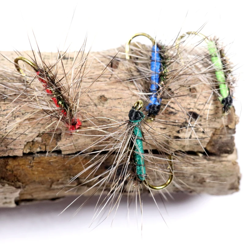 Bimoo 10PCS #12 Crackleback Gnat Fly Trout Fishing Dry Flies Peacock Herl Back Red Green Chartreuse Blue Color view 2