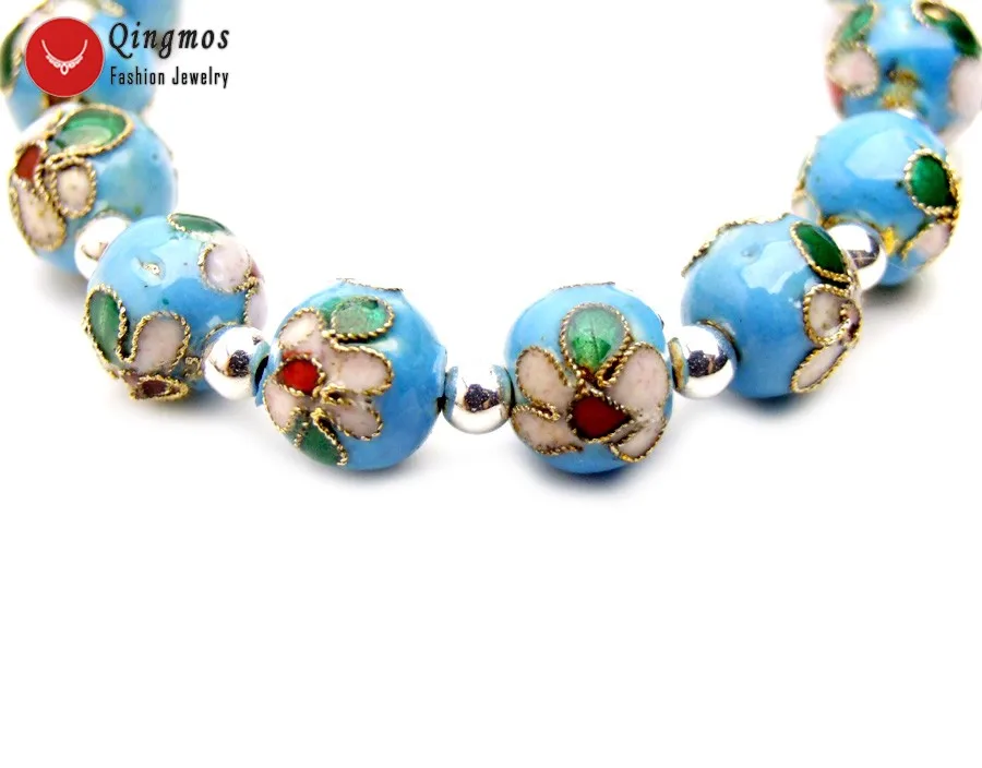 Qingmos Trendy Cloisonne Bracelet for Women with 10mm Round Sky-Blue Cloisonne Beads Bracelet Jewelry 7.5'' China Feature bra126