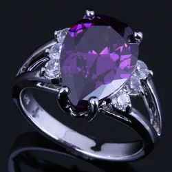 Magnificent Pear Purple Cubic Zirconia White CZ Silver Plated Ring V0629